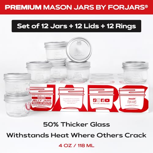 FORJARS® Premium Mason Jars with Lids – 4oz | Regular Mouth Canning Jars | 12-Pack Glass Jars for Jam, Jelly, Honey, Spices, Desserts, Sauces, Food Storage, Freezer Safe, Airtight Bulk Set