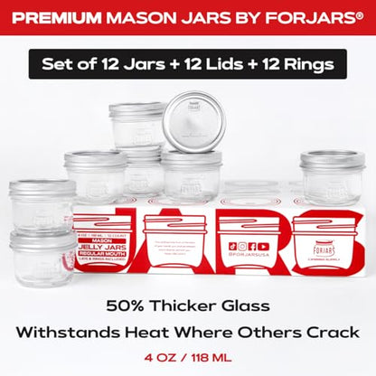 FORJARS® Premium Mason Jars with Lids – 4oz | Regular Mouth Canning Jars | 12-Pack Glass Jars for Jam, Jelly, Honey, Spices, Desserts, Sauces, Food Storage, Freezer Safe, Airtight Bulk Set