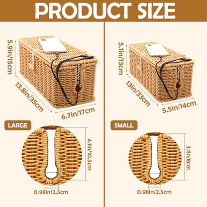 2PCS Cable Management Box, Handmade Rattan Cable Organizer Cord Basket | Open Slots Cords Hider Box Under Desk Cord Organizer for Computer Router USB Hub & Power Strip