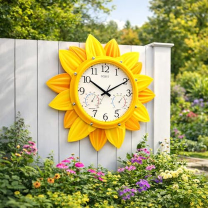 24 Inch Waterproof Sunflower Outdoor Clock, Thermometer Hygrometer | Silent non-ticking movement, metal petal design for patio, garden, pool, garage, porch, and backyard decor