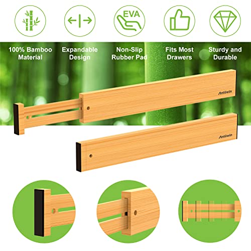 Bamboo Drawer Dividers, Expandable Drawer Separators Splitter, 17-22 inches Adjustable Spring-loaded Organizer for Large Utensil, Clothes, Tools Drawers, 6 Pack Dividers + 4 Pack Baffle
