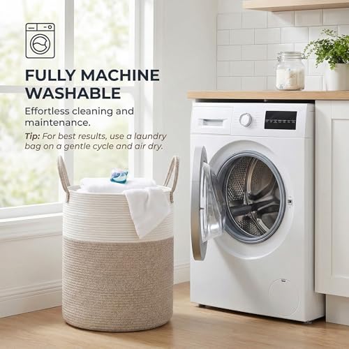 60L Cotton Rope Laundry Basket Hamper, Brown | Collapsible Laundry Basket, Reinforced Handles, Freestanding, Machine Washable, Holds 3-5 Thick Blankets, Clothes or Toys