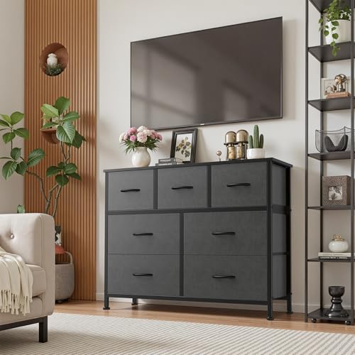 Sweetcrispy 7 Drawer Dresser for Bedroom Storage with Fabric Bins, Gray | Anti-Tip Closet Organizer, Wooden Top and Sturdy Steel Frame, Spacious Drawers for Clothes Storage, Hallway Entryway