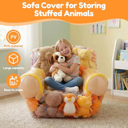 Clear Stuffed Animal Storage Chair Cover for Kids, 180L Large Thickened PVC Bean Bag Cover with Zipper, Waterproof Plush Storage Organizer and Seat, Beanbag Chair for Playroom