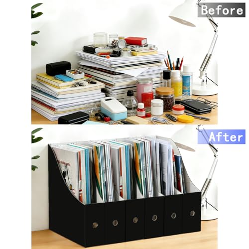 Limitliho 6 Pack Black Cardboard Magazine Holder for Desk or Shelves | 10.6''H×10.2'L×3.5''W Magazine File Holder, Vertical Book Bins for Classroom and Library, Magazine Storage Box with Label