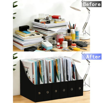 Limitliho 6 Pack Black Cardboard Magazine Holder for Desk or Shelves | 10.6''H×10.2'L×3.5''W Magazine File Holder, Vertical Book Bins for Classroom and Library, Magazine Storage Box with Label