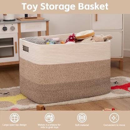 OIAHOMY 118L Extra Large Blanket Basket, Rectangle Woven Cotton Rope Storage Basket,Used for storing Dirty Clothes, Stuffed Animal Toy Storage for Living Room,Kids Room,25" x 17" x 16", Gradient Brown