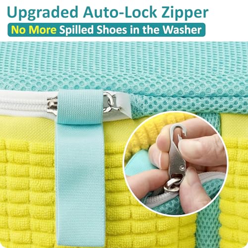 Shoe Washing Machine Bag for Sneaker Cleaning Laundry Shoe Bag, Yellow | Dual Compartment, Full Protection, Clasp-Lock Zipper, Dense Chenille, Bound Edge & Seams