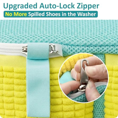 Shoe Washing Machine Bag for Sneaker Cleaning Laundry Shoe Bag, Yellow | Dual Compartment, Full Protection, Clasp-Lock Zipper, Dense Chenille, Bound Edge & Seams