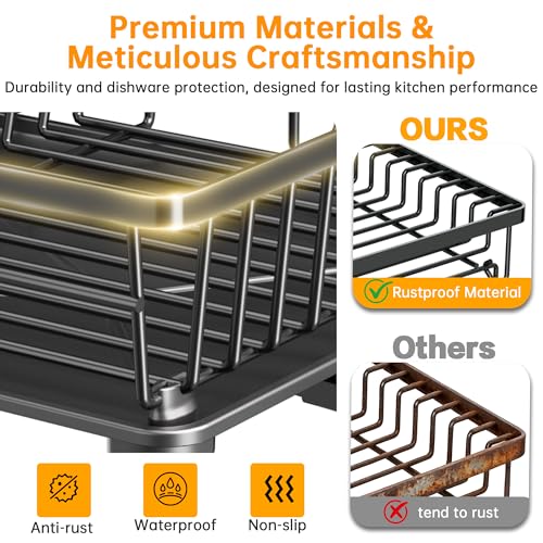 2 Tier Large Detachable Dish Drying Rack for Kitchen Counter,Black | Compact Drying Rack Kitchen, Rust-Resistant Dish Drainer Organizer, Space-Saving Dish Racks with Drainboard, Utensil Holder