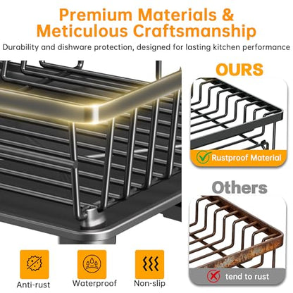 2 Tier Large Detachable Dish Drying Rack for Kitchen Counter,Black | Compact Drying Rack Kitchen, Rust-Resistant Dish Drainer Organizer, Space-Saving Dish Racks with Drainboard, Utensil Holder