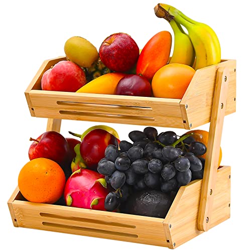 Fruit Basket, 2 Tier Bamboo Fruit Basket for Kitchen, 11" Tall Fruit Stand Storage Holder, Heavy Duty/Large Capacity for Vegetables, Fruit, and Snack, 15 mm Thickness (Self-assembly)