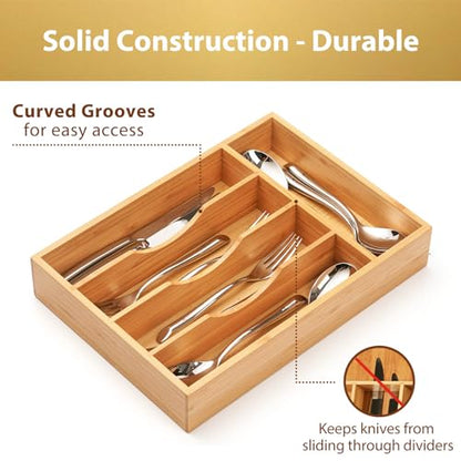 Bamboo Kitchen Drawer Organizer, 8.25 Inch Silverware Utensils Tray Holder for Small Drawer, Wood Caddy for Flatware Cutlery Knives