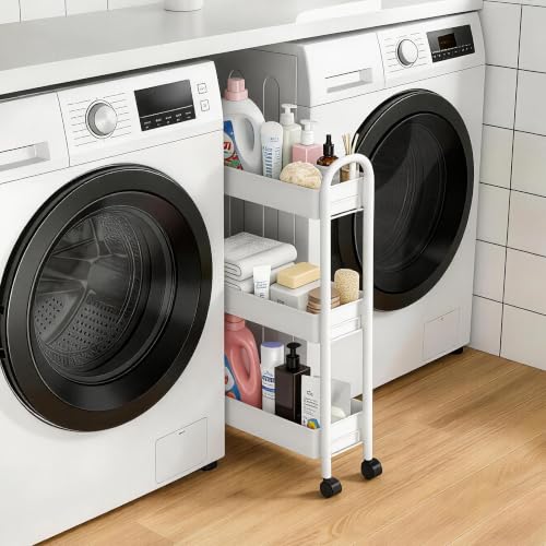Slim Rolling Cart, Metal Frame Utility Rolling 3-Tier Narrow Storage Cart | Kitchen Storage Organizer, Mobile Shelving Unit for Bathroom Kitchen