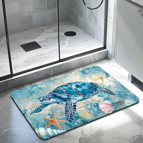 Turtle Bathroom Rugs, Quick Dry Absorbent Non Slip Bath Mat 16x24 in | Rubber Backing, Machine Washable Bathroom Mat for Shower, Tub and Sink Areas with Beach Seashell Ocean Blue