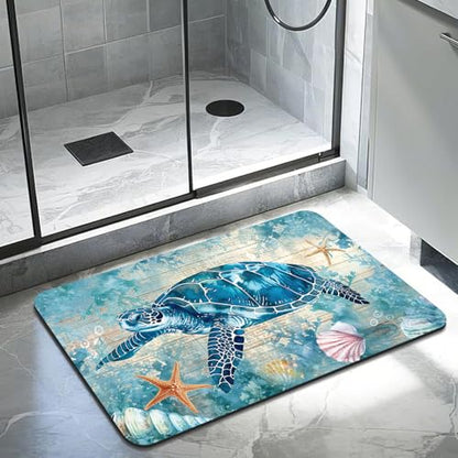Turtle Bathroom Rugs, Quick Dry Absorbent Non Slip Bath Mat 16x24 in | Rubber Backing, Machine Washable Bathroom Mat for Shower, Tub and Sink Areas with Beach Seashell Ocean Blue