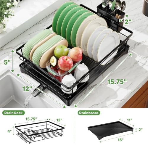 Simple Trending Dish Drying Rack, 12''W x 16''L, Black | Dish Rack for Kitchen Counter, Stainless Steel Dish Drainer, Cutlery Holder, Drainboard, Space-Saving, Easy Installation