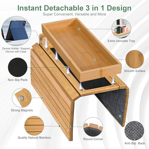 Joy&Grace Couch Arm Tray, 3-in-1 Magnetic Detachable Sofa Arm Table with Phone and Tablet Holder Bamboo Couch Cup Holder, Foldable Sofa Armrest Tray for Eating, Drinks, Phones (Natural)