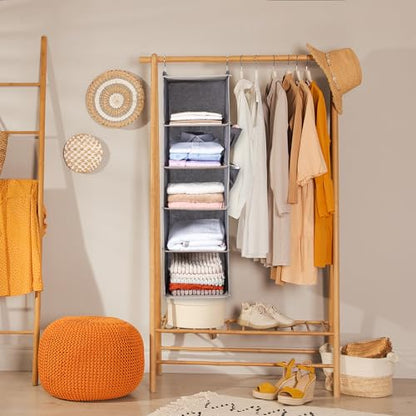 BOOMIBOO Hanging Closet Organize and Shelves,5-Hanging Shelf（2 Pack,Grey） | Dorm Room Essentials, Clothes Organizer with 2 Side Pockets, Hanging Shelves for Closet Storage, Breathable Fabric