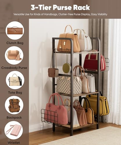 3-Tier Purse Organizer Rack, Iron & Wood Floor-Standing Bag Storage Holder with Adjustable Side Basket and Hook Handbag Organizers Display Stand Shelf for Closet, Bedroom, Entryway, Black