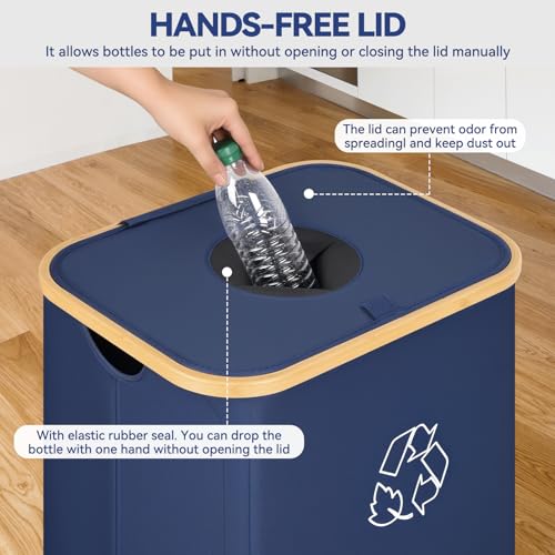 Recycling Bin for Kitchen, 26 Gallon 100L Indoor Home Recycle Bin with Lid and 2 Removeable Reusable Inner Bags, for Bottles, Cans, Glass, Plastic & Stickers, Blue