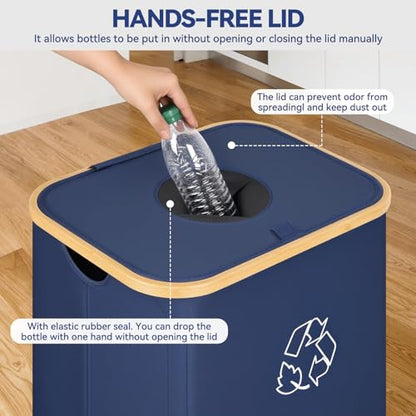 Recycling Bin for Kitchen, 26 Gallon 100L Indoor Home Recycle Bin with Lid and 2 Removeable Reusable Inner Bags, for Bottles, Cans, Glass, Plastic & Stickers, Blue
