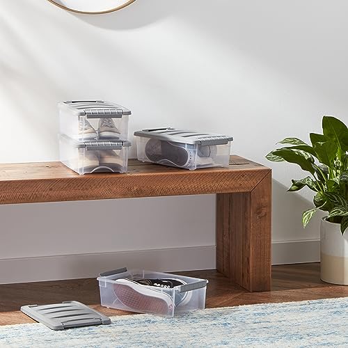 Amazon Basics Plastic Storage Containers with Secure Latching Lids, Stackable Organization Bins, Clear/Grey, 5 Quart, Set of 10