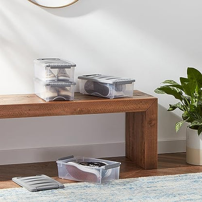 Amazon Basics Plastic Storage Containers with Secure Latching Lids, Stackable Organization Bins, Clear/Grey, 5 Quart, Set of 10