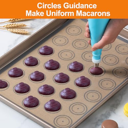 Macaron Silicone Baking Mats Kit (16pcs set) Macaroon Baking Mat Set of 2 Half Sheet Macaron Silicone Mat Nonstick Macaron Mat Sheet,6 Piping Tip,2 Piping Bag with 3 Bag Tie,2 coupler