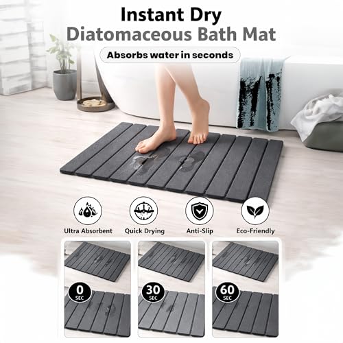 AUDRILO Diatomaceous Stone Bath Mat, Foldable Stone Bath Mats, Quick Drying Bathroom Pad, Super Absorbent & Quick Dry Shower Mat, New Apartment Essential & Housewarming Gift - 23.8 x 15.8 - Grey