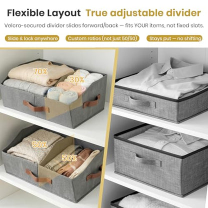 Closet Organizers And Storage - UPGRADED Trapezoid Storage Bin With Leather Handles & Adjustable Dividers, Fabric Collapsible Storage Bins For Clothes Storage & Shelf Organizer (3pcs, Small, Ivory)