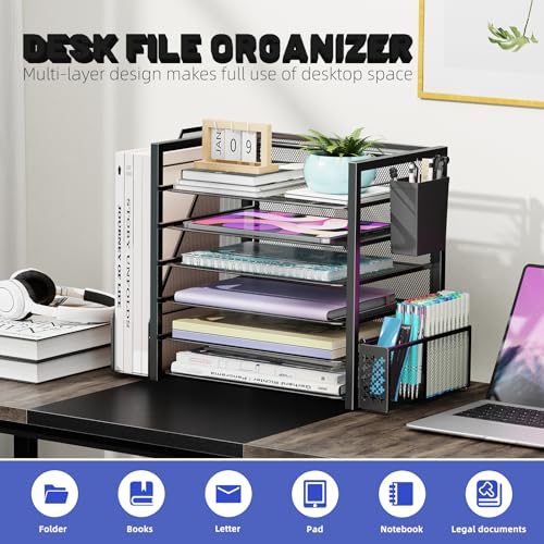 Simple Trending 6 Tier Metal Desk File Organizer with 2 Pen Holders, Black | 18"L x 9"W x 13"H, 6 Trays + Side file holder + 2 pen holders, sturdy metal frame, non-slip base, easy assembly, 24h support.