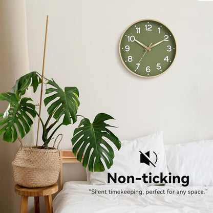 Roymnie 10 Inch Wall Clock Battery Operated Silent Non Ticking Green Analog | Green & gold modern analog; large 3D easy-read dial for kitchen, office, bathroom & bedroom; 1 AA battery (not included)