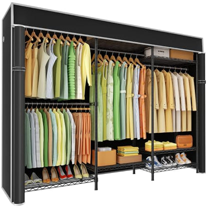 E13C Heavy Duty Closet Organizer System，Freestanding Clothing Racks for Hanging Clothes，Adjustable Garment Rack 63" W x 16" D x 77" H Hold 960 lbs，Black Clothing Rack with Black Dustproof Cover