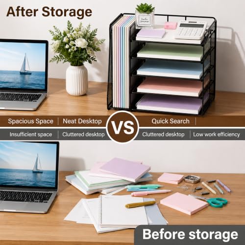 Desk Organizers and Accessories, 5-Tier Paper Organizer Letter Tray with Magazine Holder, Office Desk Accessories & Workspace Organizers, Desktop File Organizer for Office Supplies, Black
