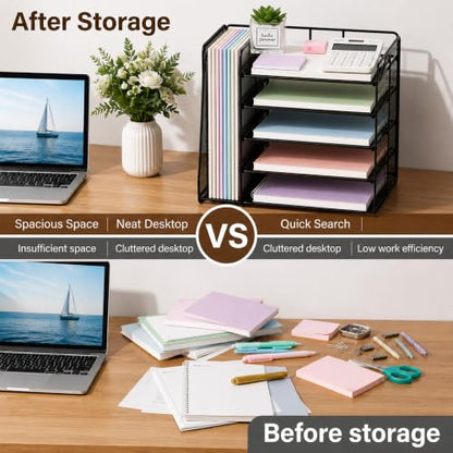 Desk Organizers and Accessories, 5-Tier Paper Organizer Letter Tray with Magazine Holder, Office Desk Accessories & Workspace Organizers, Desktop File Organizer for Office Supplies, Black