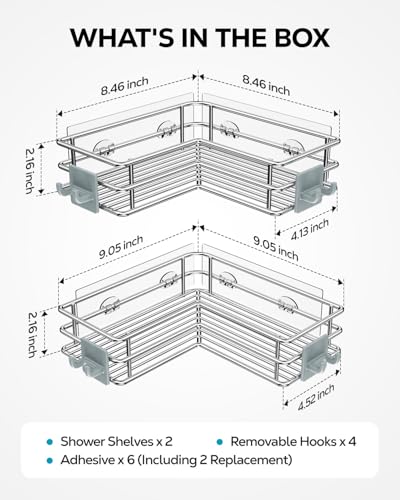 Nieifi Corner Shower Shelves, Adhesive Shower Caddy, Bathroom Organization | Stainless steel, 2 pack, wall mounted, bathroom shelves, shampoo and soap holder, bathtub storage, with hooks, silver
