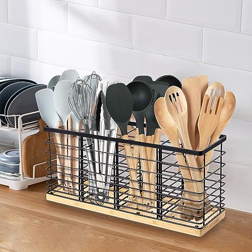 Extra Large Kitchen Utensil Holder Countertop with Removable Divider | Counter&Wall Mounted,Hold 40 Utensils,Cooking Counter Organizer Caddy for Spatula,Spoon,Wooden Base,Farmhouse,Metal,Black