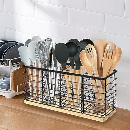 Extra Large Kitchen Utensil Holder Countertop with Removable Divider | Counter&Wall Mounted,Hold 40 Utensils,Cooking Counter Organizer Caddy for Spatula,Spoon,Wooden Base,Farmhouse,Metal,Black