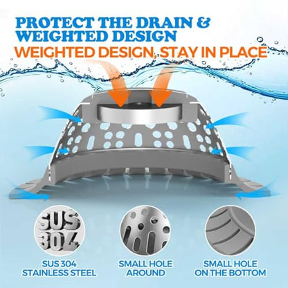 Drain Hair Catcher - Bathtub Drain Cover, Hair Stopper for Bathtub Drain, 304 Stainless Steel Drain Protector and Hair Trap for Flat & Pop-up Drains, Silver Gray