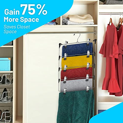 DEILSY™ 5-Tier Pants Hangers with Clips Non Slip Skirt Hangers 3 Pack | Multi pants hanger with rubber-coated clips, space saving hangers, hangers for shorts, skirts, trousers and other garments