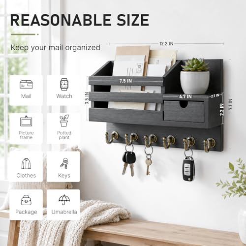 FifthQuarter Key and Mail Holder Wall Mount with Drawer and 6 Sturdy Hooks | Wooden Entryway Organizer and Decorative, Easy Installation