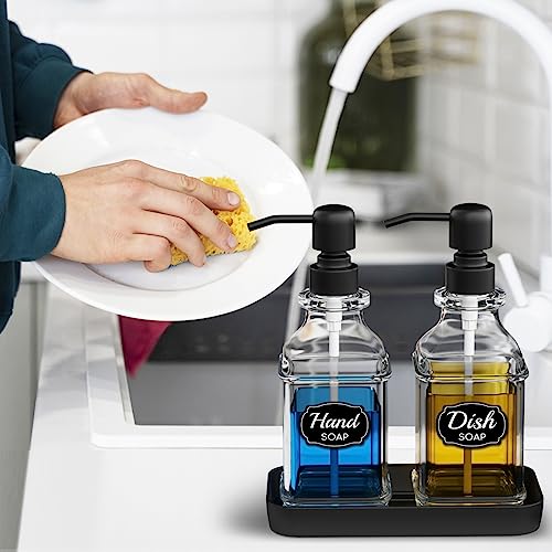 Soap Dispenser - 2 Pack, Antique Design Thick Glass Hand Soap Dispensers with Sturdy Tray; 304 Rust Proof Stainless Steel Black Pump, 12Pcs Stickers, for Kitchen, Bathroom