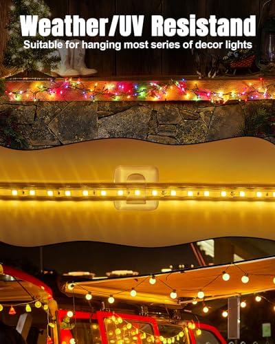 LZC 25 Pack Clear Adhesive Strips Hooks for Outdoor String Lights Clips | Large Square Heavy Duty Waterproof Sticky Light Hook Outside Hanging Rope Christmas Light Cable Cord Holders Organizer