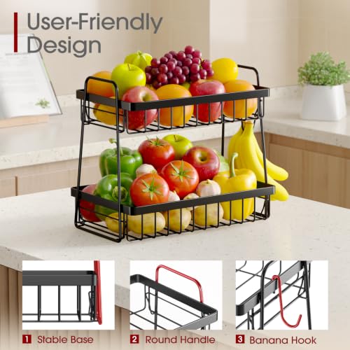 Fruit Basket for Kitchen Counter - 2-Tier Fruit Bowl with Removable Banana Hanger & Handles, Rustproof Fruit Holder for Kitchen, Living Room, Bathroom, 13.4"×8.7"×11.7", Black