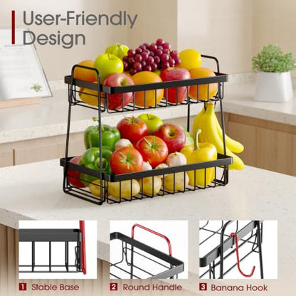 Fruit Basket for Kitchen Counter - 2-Tier Fruit Bowl with Removable Banana Hanger & Handles, Rustproof Fruit Holder for Kitchen, Living Room, Bathroom, 13.4"×8.7"×11.7", Black