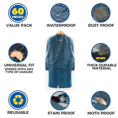 60-Pack Dry Cleaning Bags for Clothes 40-Inch Long - Clear Plastic Garment Bags for Hanging Clothes, Dry Cleaner Plastic Clothing Cover for Suits, Coat, Shirt, & Pants