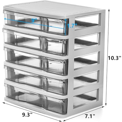 5 Drawer Desktop Storage Bin Unit, Small Plastic Organizer, White Frame with Clear Drawer, Mini Container Case for Desk, Storing Craft, Accessory, Stationery