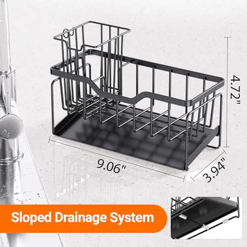 Sponge Holder for Kitchen Sink, Stainless Sink Caddy Organizer | Rustproof Kitchen Sink Organizers with High Brush Holder & Self Drain Tray, Anti-Slip Kitchen Countertop Storage Essentials