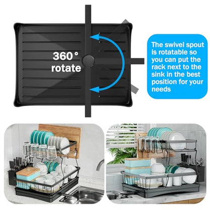 7 code 2-Tier Large Dish Drying Rack for Kitchen Counter, Black | Detachable Large Capacity Dish Drainer Organizer with Auto Drain, Anti-Rust Dish Rack with Cup & Utensil Holders